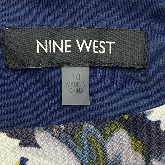 Nine West Shift Dress Size 10 Navy Blue Yellow Floral Boho Flared Sleeve Lined - Picture 5 of 9